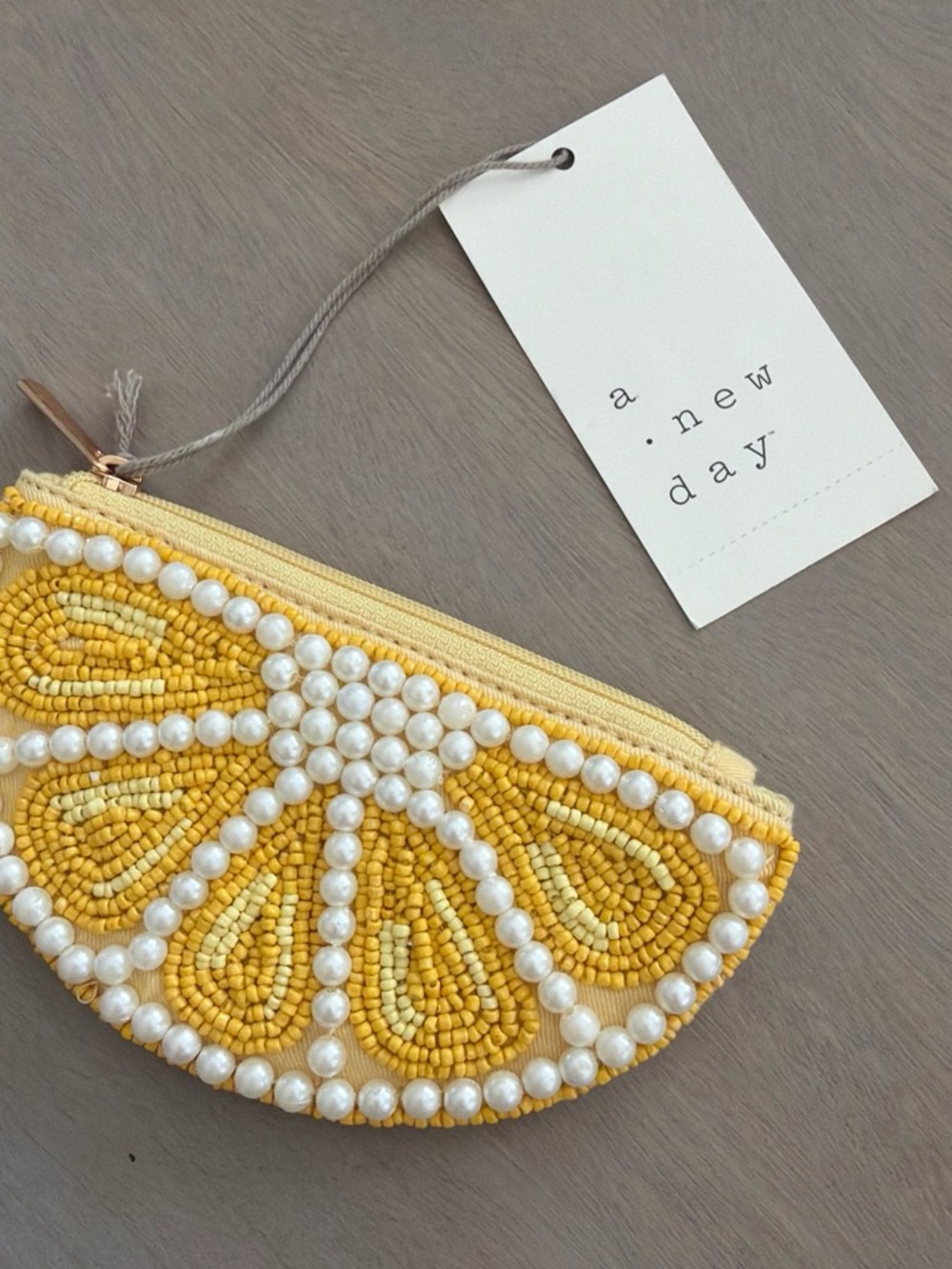 a new day Yellow Beaded Lemon Slice Wristlet Pouch